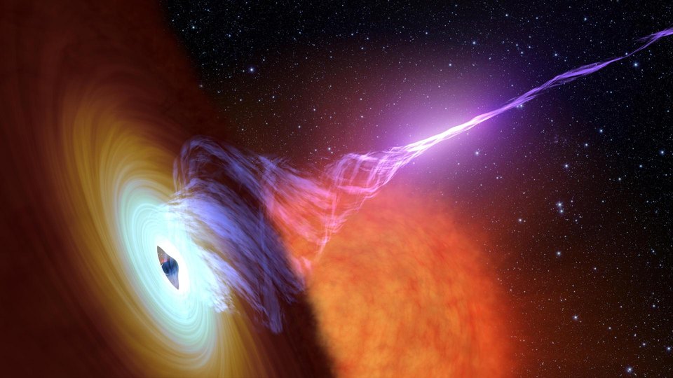 Artist's concept of a black hole with a jet, pulling gas from a companion star